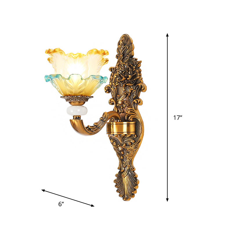 Brass 1/2-Head Wall Sconce Traditional Yellow and Blue Glass Lettuce-Edge Wall Mount Lamp Clearhalo 'Wall Lamps & Sconces' 'Wall Lights' Lighting' 1400380