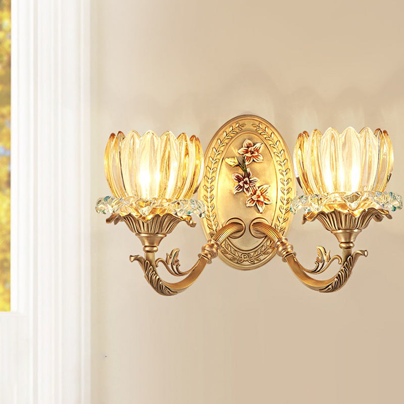 Antique Flower Wall Lamp 2 Lights Clear Ribbed Glass Sconce Lighting Fixture in Gold Gold Clearhalo 'Wall Lamps & Sconces' 'Wall Lights' Lighting' 1400381