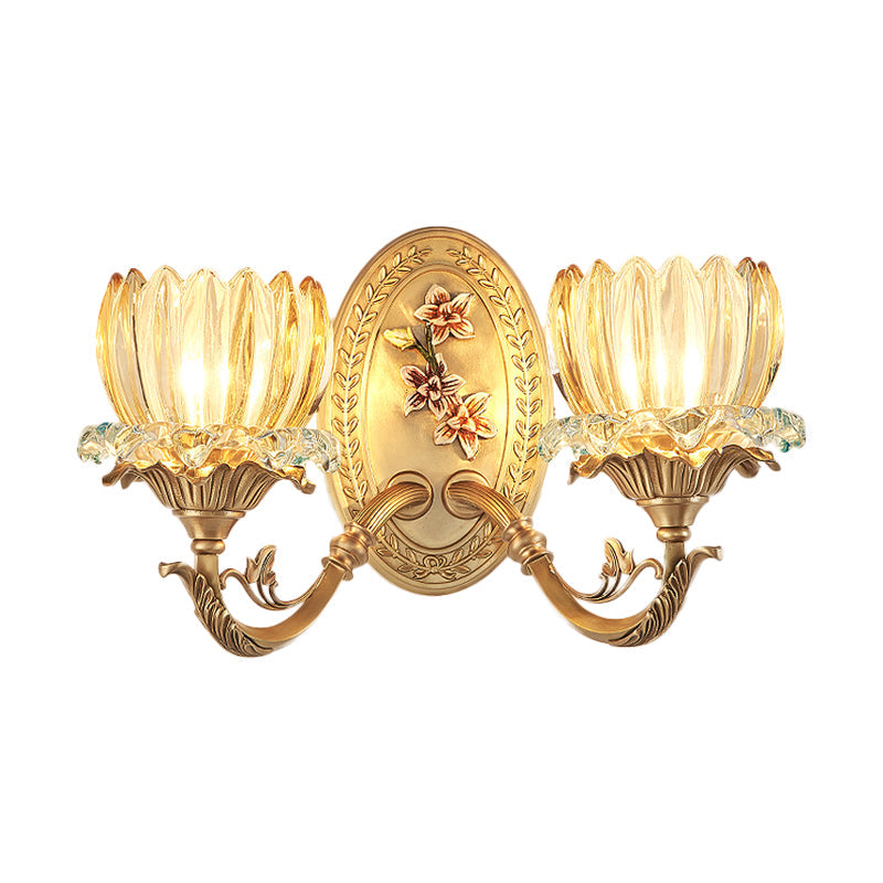 Antique Flower Wall Lamp 2 Lights Clear Ribbed Glass Sconce Lighting Fixture in Gold Clearhalo 'Wall Lamps & Sconces' 'Wall Lights' Lighting' 1400382