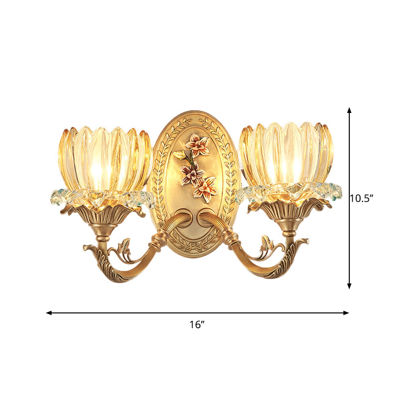 Antique Flower Wall Lamp 2 Lights Clear Ribbed Glass Sconce Lighting Fixture in Gold Clearhalo 'Wall Lamps & Sconces' 'Wall Lights' Lighting' 1400384