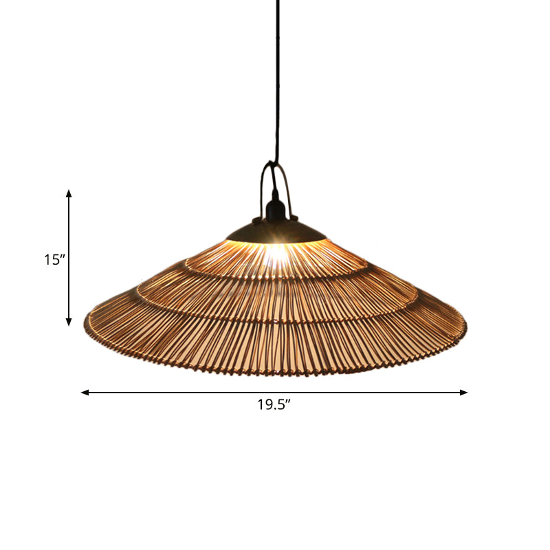 Asian Single Bulb Pendant Lamp with Hand-Woven Rattan Brown Tapered Hanging Light for Restaurant Living Room Clearhalo 'Ceiling Lights' 'Pendant Lights' 'Pendants' Lighting' 140043