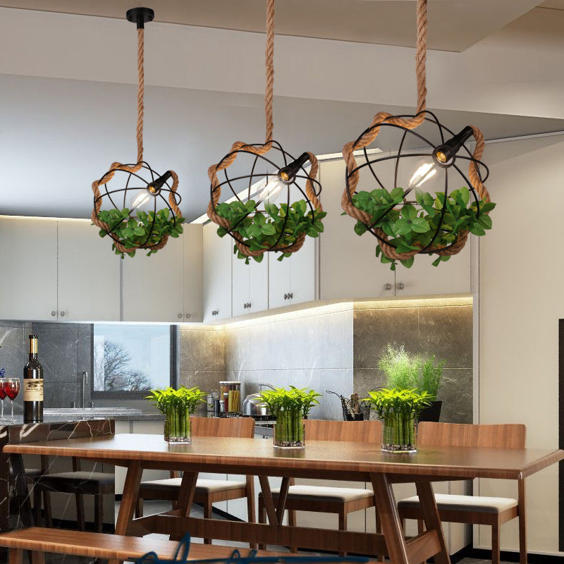 Round Cage Metal Pendant Lamp Lodge 1 Light Restaurant Suspension Light with Rope and Artificial Leaf in Black Black Clearhalo 'Ceiling Lights' 'Industrial Pendants' 'Industrial' 'Middle Century Pendants' 'Pendant Lights' 'Pendants' 'Tiffany' Lighting' 140044