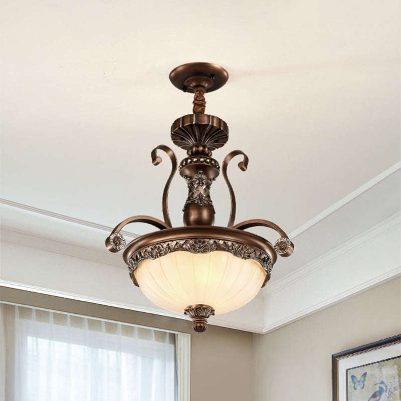 White Ribbed Glass Bowl Shade Pendant Traditional 3 Lights Dining Room Down Lighting in Bronze Bronze Clearhalo 'Ceiling Lights' 'Close To Ceiling Lights' 'Glass shade' 'Glass' 'Pendant Lights' 'Pendants' Lighting' 1400467