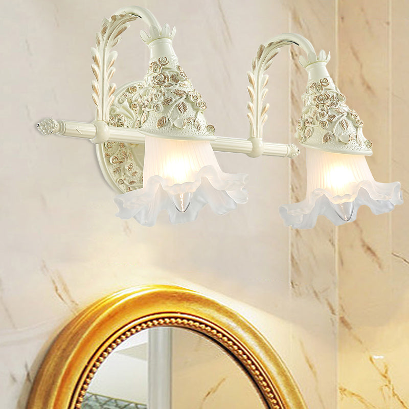 Ruffled Bath Vanity Wall Sconce Antique Frosted Glass 1/2/3-Bulb White Wall Mount Light Fixture Clearhalo 'Vanity Lights' 'Wall Lights' Lighting' 1400476