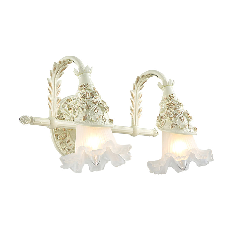 Ruffled Bath Vanity Wall Sconce Antique Frosted Glass 1/2/3-Bulb White Wall Mount Light Fixture Clearhalo 'Vanity Lights' 'Wall Lights' Lighting' 1400478