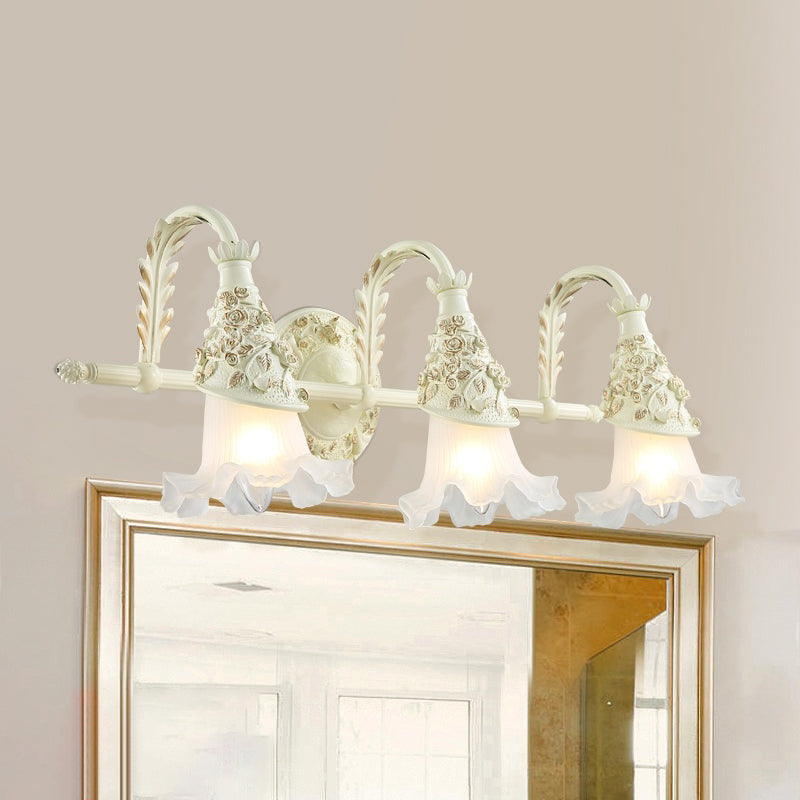 Ruffled Bath Vanity Wall Sconce Antique Frosted Glass 1/2/3-Bulb White Wall Mount Light Fixture Clearhalo 'Vanity Lights' 'Wall Lights' Lighting' 1400481