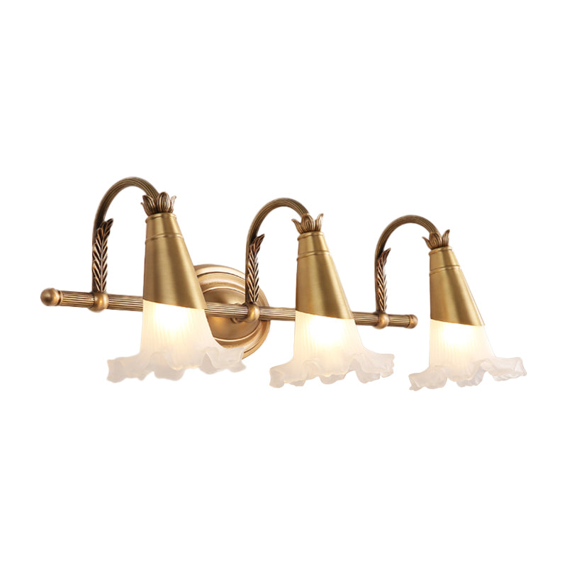 Gold Cone Vanity Lighting Traditional White Glass 1/2/3-Head Bathroom Wall Lamp with Lettuce Trim Clearhalo 'Vanity Lights' 'Wall Lights' Lighting' 1400487