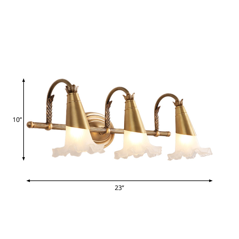 Gold Cone Vanity Lighting Traditional White Glass 1/2/3-Head Bathroom Wall Lamp with Lettuce Trim Clearhalo 'Vanity Lights' 'Wall Lights' Lighting' 1400488