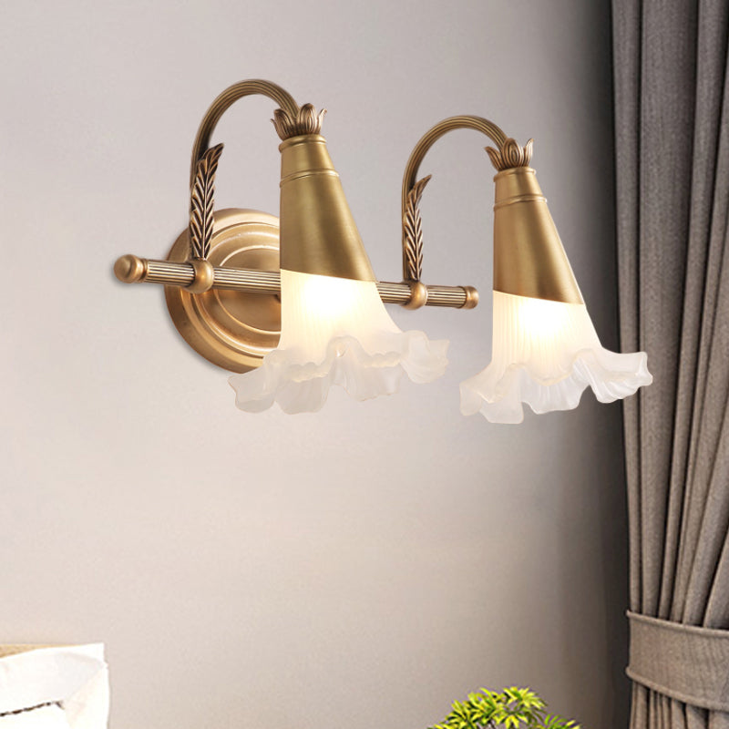 Gold Cone Vanity Lighting Traditional White Glass 1/2/3-Head Bathroom Wall Lamp with Lettuce Trim Clearhalo 'Vanity Lights' 'Wall Lights' Lighting' 1400490