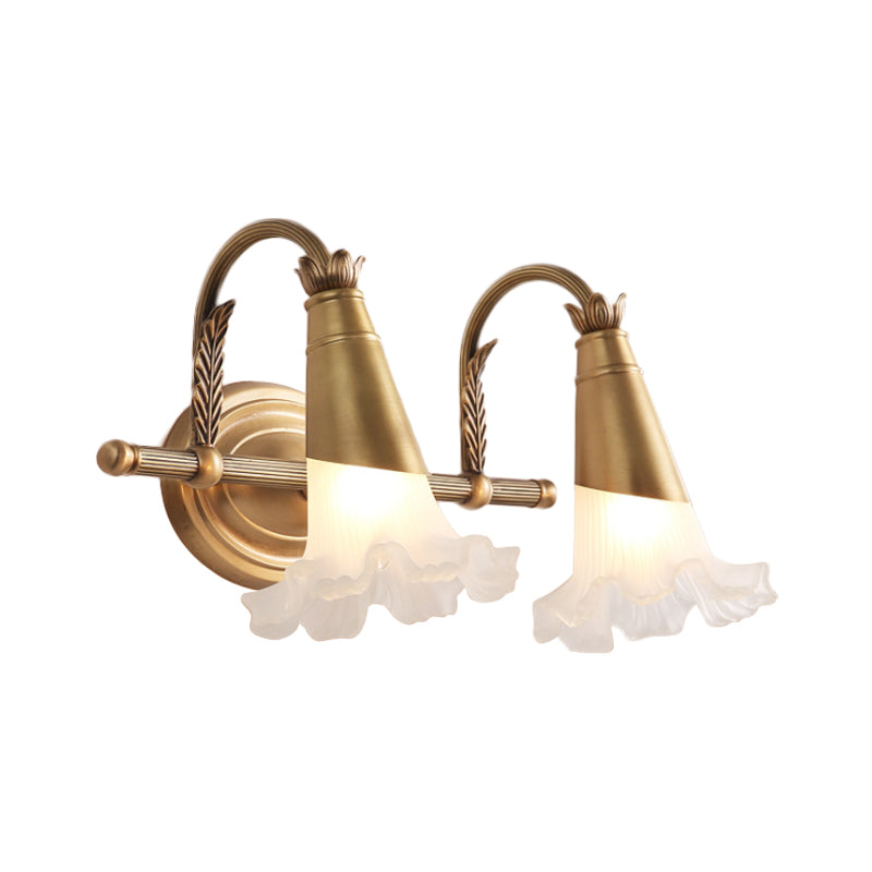 Gold Cone Vanity Lighting Traditional White Glass 1/2/3-Head Bathroom Wall Lamp with Lettuce Trim Clearhalo 'Vanity Lights' 'Wall Lights' Lighting' 1400492