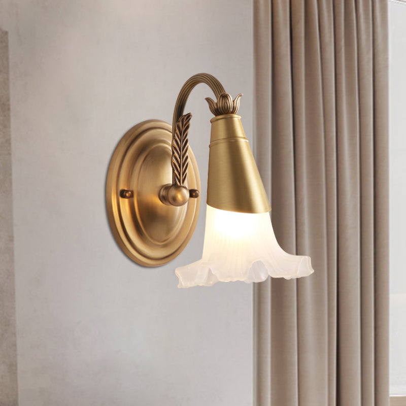 Gold Cone Vanity Lighting Traditional White Glass 1/2/3-Head Bathroom Wall Lamp with Lettuce Trim Clearhalo 'Vanity Lights' 'Wall Lights' Lighting' 1400495