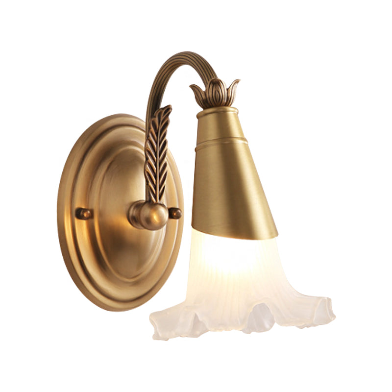 Gold Cone Vanity Lighting Traditional White Glass 1/2/3-Head Bathroom Wall Lamp with Lettuce Trim Clearhalo 'Vanity Lights' 'Wall Lights' Lighting' 1400496