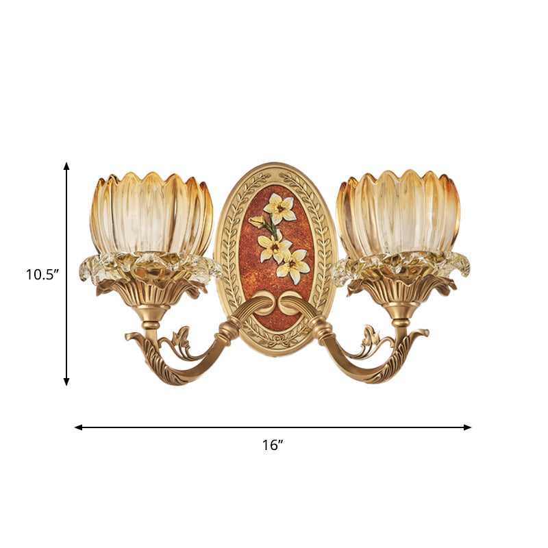 Clear Ribbed Glass Lotus Wall Light Kit Antique 1/2-Light Living Room Sconce in Gold Clearhalo 'Wall Lamps & Sconces' 'Wall Lights' Lighting' 1400502