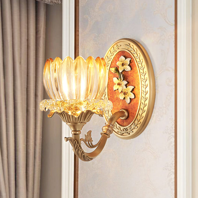 Clear Ribbed Glass Lotus Wall Light Kit Antique 1/2-Light Living Room Sconce in Gold Clearhalo 'Wall Lamps & Sconces' 'Wall Lights' Lighting' 1400504