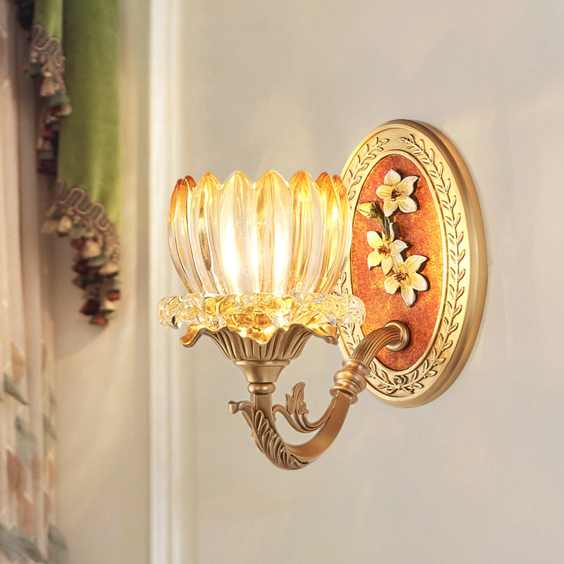 Clear Ribbed Glass Lotus Wall Light Kit Antique 1/2-Light Living Room Sconce in Gold Clearhalo 'Wall Lamps & Sconces' 'Wall Lights' Lighting' 1400505