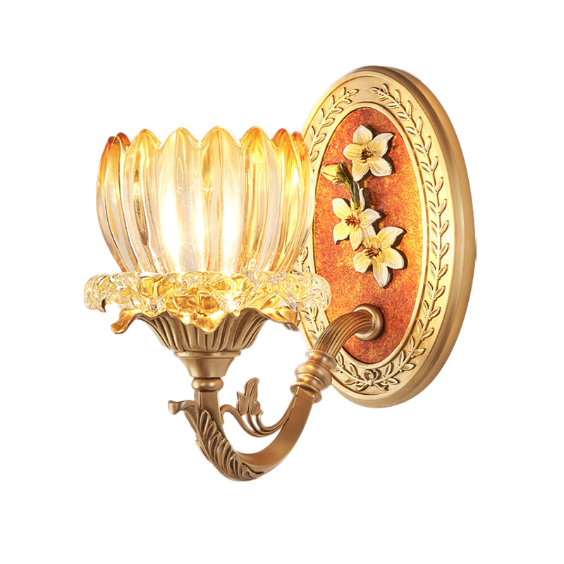 Clear Ribbed Glass Lotus Wall Light Kit Antique 1/2-Light Living Room Sconce in Gold Clearhalo 'Wall Lamps & Sconces' 'Wall Lights' Lighting' 1400506