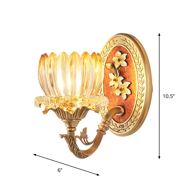 Clear Ribbed Glass Lotus Wall Light Kit Antique 1/2-Light Living Room Sconce in Gold Clearhalo 'Wall Lamps & Sconces' 'Wall Lights' Lighting' 1400507