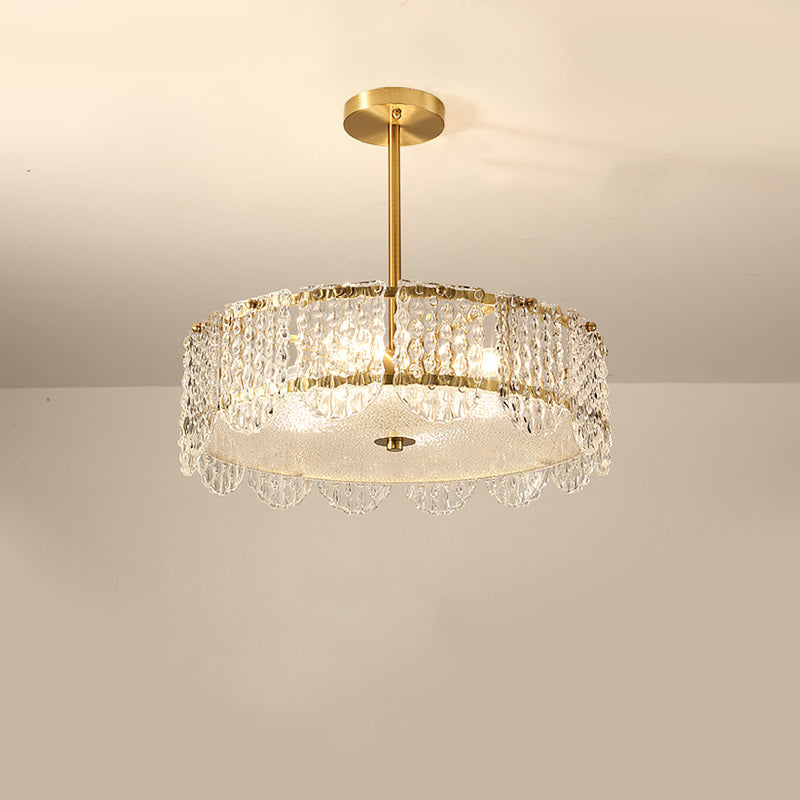 Drum Embossed Clear Crystal Chandelier Contemporary 4 Heads Bedroom Hanging Lamp Kit Clearhalo 'Ceiling Lights' 'Chandeliers' 'Clear' 'Industrial' 'Modern Chandeliers' 'Modern' 'Tiffany' 'Traditional Chandeliers' Lighting' 1400509