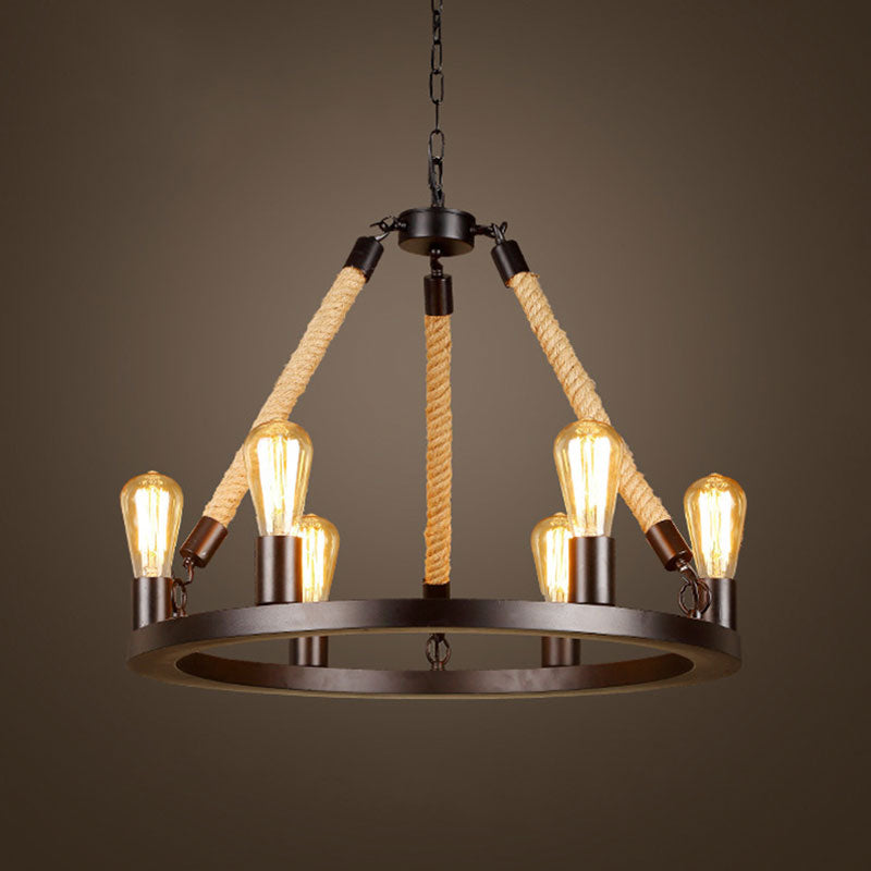 Metallic Circular Hanging Lamp with Exposed Bulb and Rope Vintage 6/8 Lights Dining Room Suspension Light in Brown Clearhalo 'Cast Iron' 'Ceiling Lights' 'Chandeliers' 'Industrial Chandeliers' 'Industrial' 'Metal' 'Middle Century Chandeliers' 'Rustic Chandeliers' 'Tiffany' Lighting' 1400534