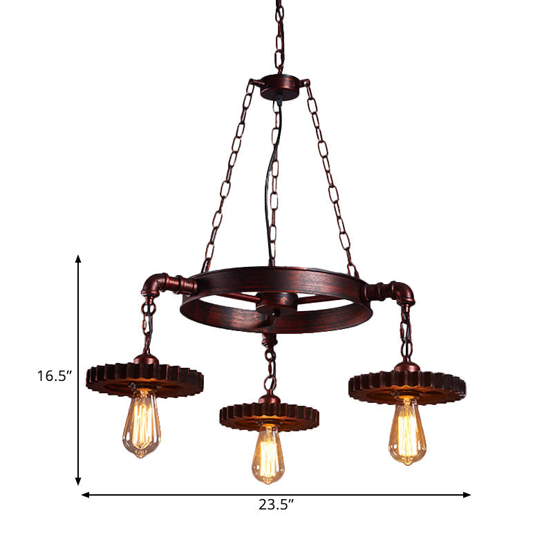 3/5/7 Heads Exposed Bulb Chandelier Light with Gear Deco Farmhouse Style Rust Metallic Ceiling Lamp for Bar Clearhalo 'Cast Iron' 'Ceiling Lights' 'Chandeliers' 'Industrial Chandeliers' 'Industrial' 'Metal' 'Middle Century Chandeliers' 'Rustic Chandeliers' 'Tiffany' Lighting' 1400608