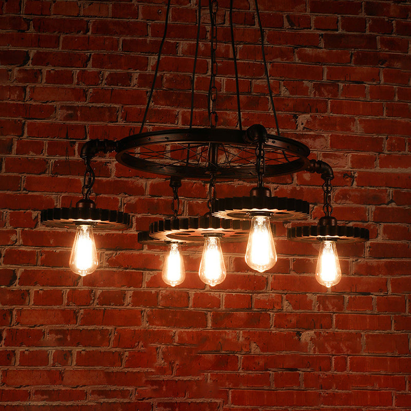 3/5/7 Heads Exposed Bulb Chandelier Light with Gear Deco Farmhouse Style Rust Metallic Ceiling Lamp for Bar 5 Rust Clearhalo 'Cast Iron' 'Ceiling Lights' 'Chandeliers' 'Industrial Chandeliers' 'Industrial' 'Metal' 'Middle Century Chandeliers' 'Rustic Chandeliers' 'Tiffany' Lighting' 1400609