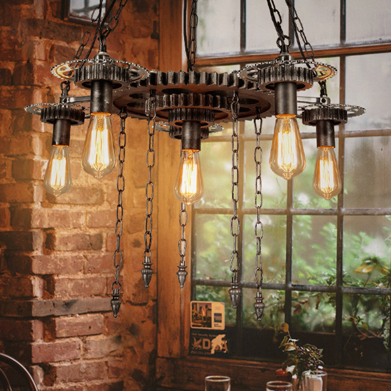 Aged Silver Gear Design Ceiling Lamp Vintage Industrial Metal 6 Heads Restaurant Hanging Lamp Aged Silver Clearhalo 'Ceiling Lights' 'Chandeliers' 'Industrial Chandeliers' 'Industrial' 'Middle Century Chandeliers' 'Tiffany' Lighting' 1400624