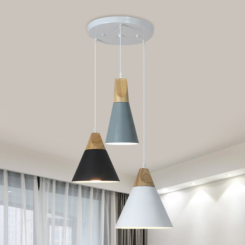 Tapered Indoor Pendant Lighting Nordic Style Metal and Wood 3 Bulbs Multi Colored Hanging Fixture, Linear/Round Canopy Clearhalo 'Ceiling Lights' 'Modern Pendants' 'Modern' 'Pendant Lights' 'Pendants' Lighting' 1400722