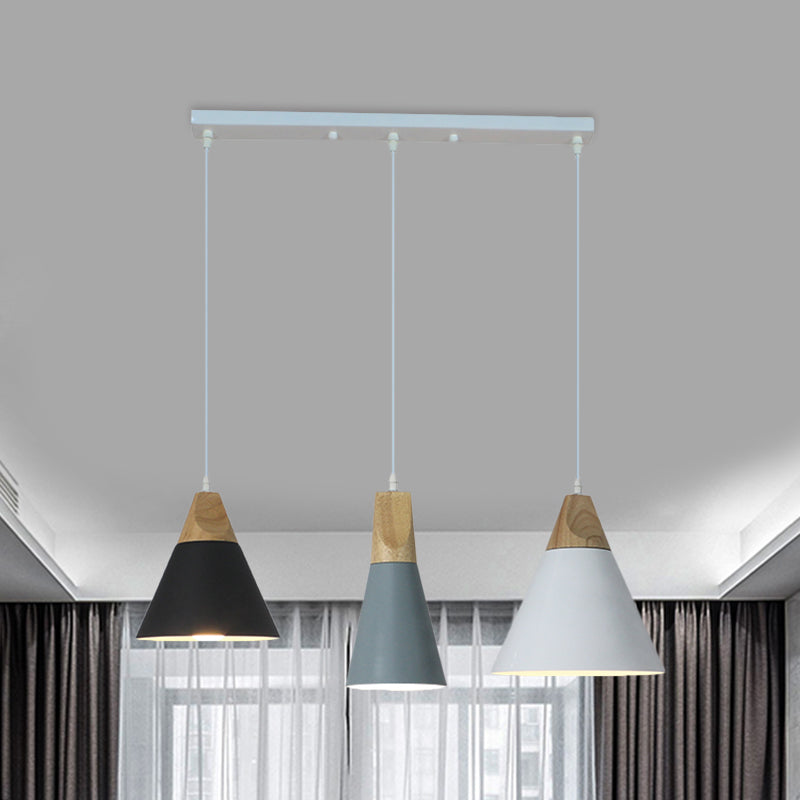 Tapered Indoor Pendant Lighting Nordic Style Metal and Wood 3 Bulbs Multi Colored Hanging Fixture, Linear/Round Canopy Black Gray-White Linear Clearhalo 'Ceiling Lights' 'Modern Pendants' 'Modern' 'Pendant Lights' 'Pendants' Lighting' 1400725