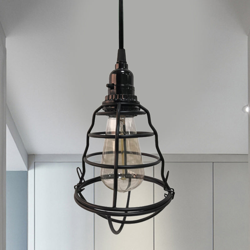 Bulb Shaped Cage Corridor Pendant Lamp Industrial Metallic One Light Black Hanging Light with Plug In Cord Clearhalo 'Art Deco Pendants' 'Black' 'Cast Iron' 'Ceiling Lights' 'Ceramic' 'Crystal' 'Industrial Pendants' 'Industrial' 'Metal' 'Middle Century Pendants' 'Pendant Lights' 'Pendants' 'Rustic Pendants' 'Tiffany' Lighting' 1400760