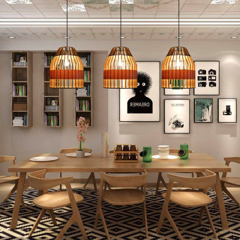 Japanese Bird Cage Pendant Light Fixture Wooden 1 Light Restaurant Hanging Ceiling Light in Yellow Clearhalo 'Ceiling Lights' 'Pendant Lights' 'Pendants' Lighting' 140080