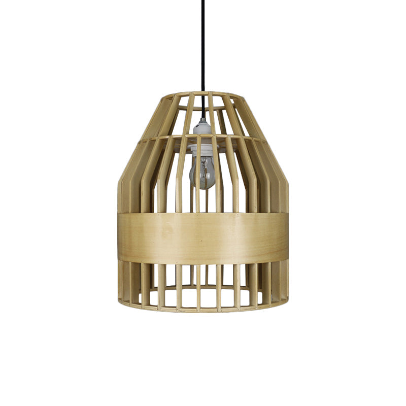 Japanese Bird Cage Pendant Light Fixture Wooden 1 Light Restaurant Hanging Ceiling Light in Yellow Clearhalo 'Ceiling Lights' 'Pendant Lights' 'Pendants' Lighting' 140083