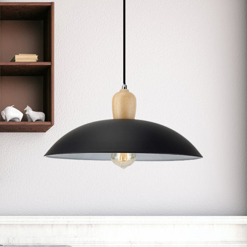 Simple Stylish Bowl Ceiling Fixture 1 Bulb Metal and Wood Pendant Lighting in Black/White, 12.5