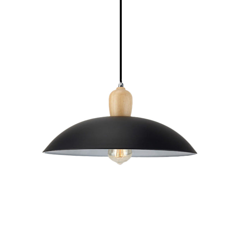 Simple Stylish Bowl Ceiling Fixture 1 Bulb Metal and Wood Pendant Lighting in Black/White, 12.5