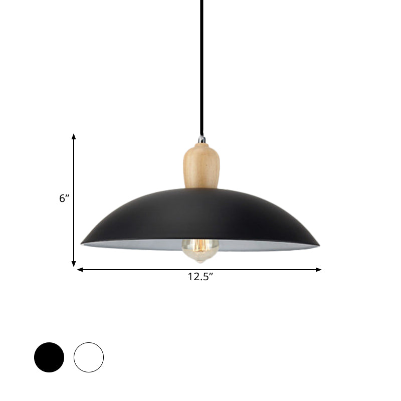 Simple Stylish Bowl Ceiling Fixture 1 Bulb Metal and Wood Pendant Lighting in Black/White, 12.5