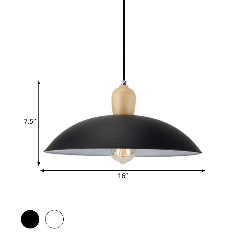 Simple Stylish Bowl Ceiling Fixture 1 Bulb Metal and Wood Pendant Lighting in Black/White, 12.5