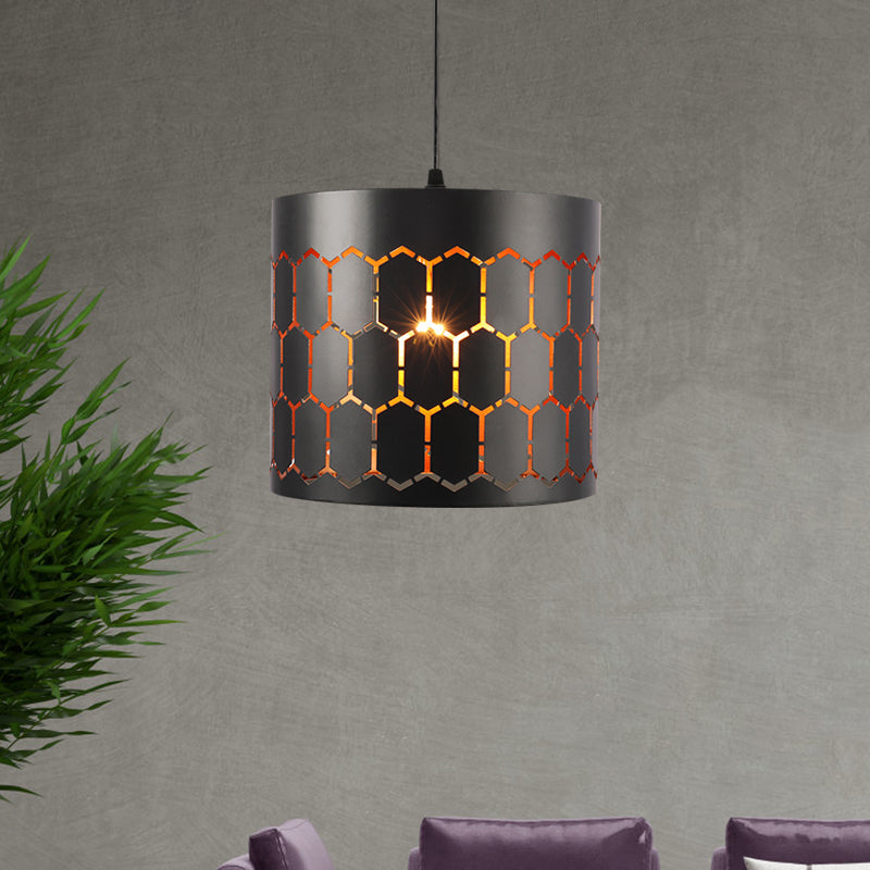 Antique Stylish Etched Cylinder Hanging Light 1 Light Iron Pendant Light in Black Finish for Bar Clearhalo 'Ceiling Lights' 'Pendant Lights' 'Pendants' Lighting' 1401139