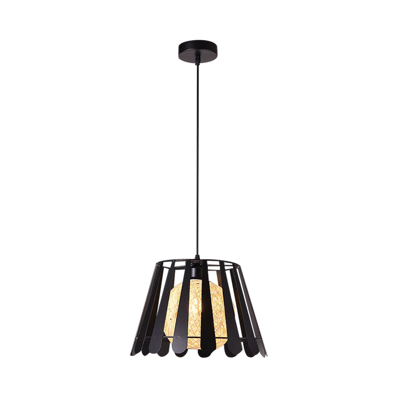 Tapered Cage Kitchen Pendant Light Industrial Metal 1 Light White/Black Hanging Lamp with Rattan Shade Clearhalo 'Ceiling Lights' 'Modern Pendants' 'Modern' 'Pendant Lights' 'Pendants' Lighting' 1401178