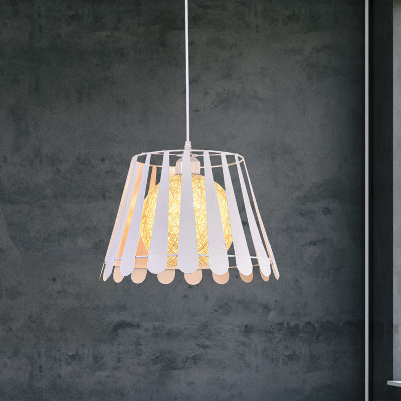 Tapered Cage Kitchen Pendant Light Industrial Metal 1 Light White/Black Hanging Lamp with Rattan Shade White Clearhalo 'Ceiling Lights' 'Modern Pendants' 'Modern' 'Pendant Lights' 'Pendants' Lighting' 1401180