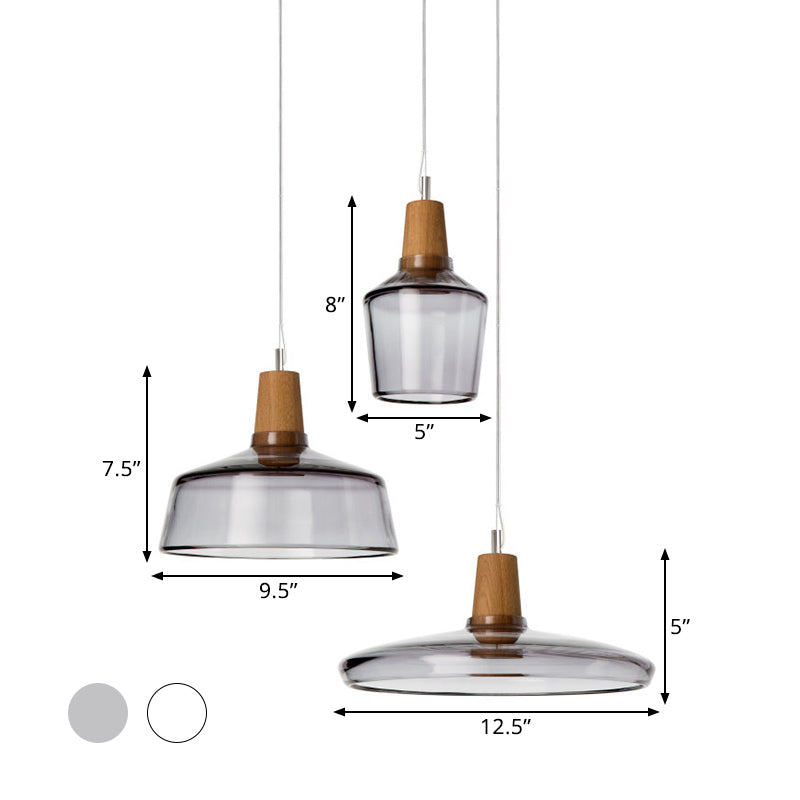 Round Canopy Coffee Shop Multi Pendant Modern Clear/Smoked Glass 3-Light Wood Hanging Ceiling Light Clearhalo 'Ceiling Lights' 'Glass shade' 'Glass' 'Industrial Pendants' 'Industrial' 'Middle Century Pendants' 'Pendant Lights' 'Pendants' 'Tiffany' Lighting' 1401266