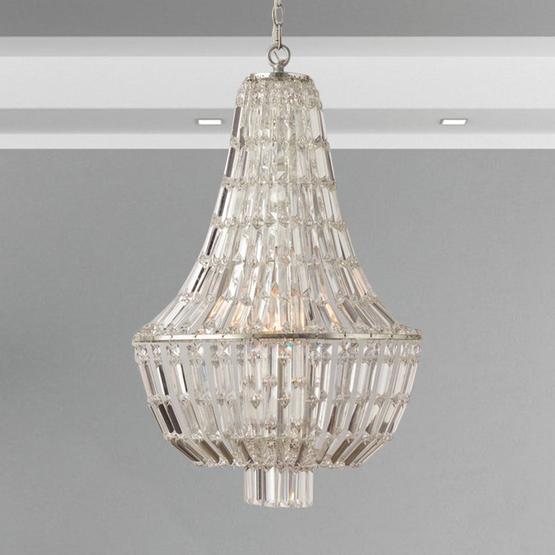 Victorian Empire Chandelier Lighting for Villa Stairwell Crystal 6 Lights Pendant Hanging Lamp in Silver Finish Silver Clearhalo 'Ceiling Lights' 'Chandeliers' 'Modern Chandeliers' 'Modern' Lighting' 1401863