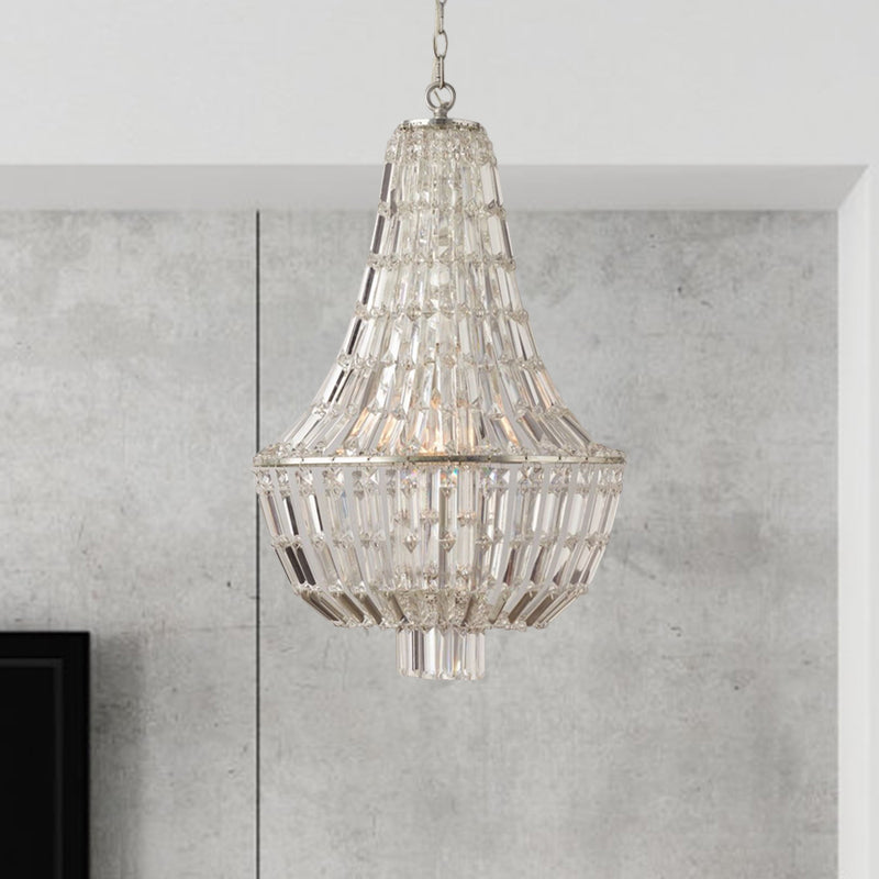 Victorian Empire Chandelier Lighting for Villa Stairwell Crystal 6 Lights Pendant Hanging Lamp in Silver Finish Clearhalo 'Ceiling Lights' 'Chandeliers' 'Modern Chandeliers' 'Modern' Lighting' 1401864