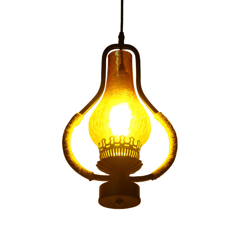 Black 1 Light Hanging Ceiling Light Vintage Yellow Crackle Glass Kerosene Pendant Lighting for Living Room Clearhalo 'Ceiling Lights' 'Glass shade' 'Glass' 'Industrial Pendants' 'Industrial' 'Middle Century Pendants' 'Pendant Lights' 'Pendants' 'Tiffany' Lighting' 140209