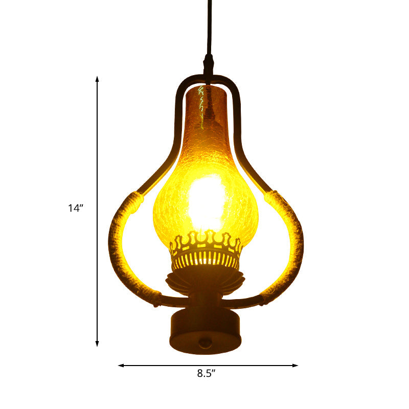 Black 1 Light Hanging Ceiling Light Vintage Yellow Crackle Glass Kerosene Pendant Lighting for Living Room Clearhalo 'Ceiling Lights' 'Glass shade' 'Glass' 'Industrial Pendants' 'Industrial' 'Middle Century Pendants' 'Pendant Lights' 'Pendants' 'Tiffany' Lighting' 140210