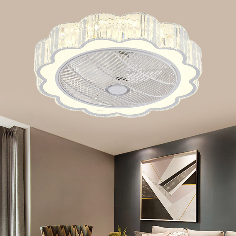 White Floral Semi-Flush Mount Modern Crystal Shade LED Bedroom Ceiling Fan Light, 24.5