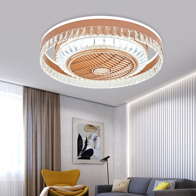 Crystal Blocks Copper Pendant Fan Lamp Round LED Contemporary Semi-Flush Ceiling Light, 23