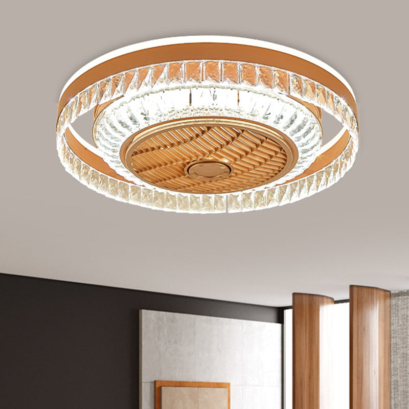 Crystal Blocks Copper Pendant Fan Lamp Round LED Contemporary Semi-Flush Ceiling Light, 23