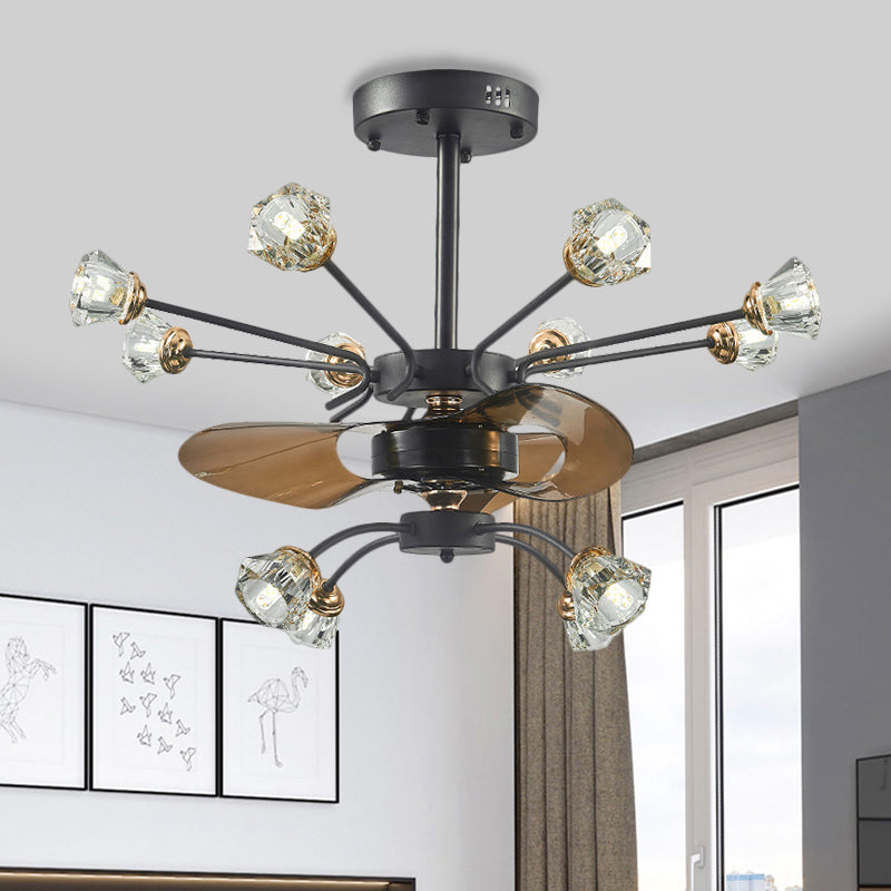 Traditional Swirled Arms Semi-Flush Mount 12 Heads Crystal Floral Shade 3 Blades Hanging Fan Lamp in Black, 30