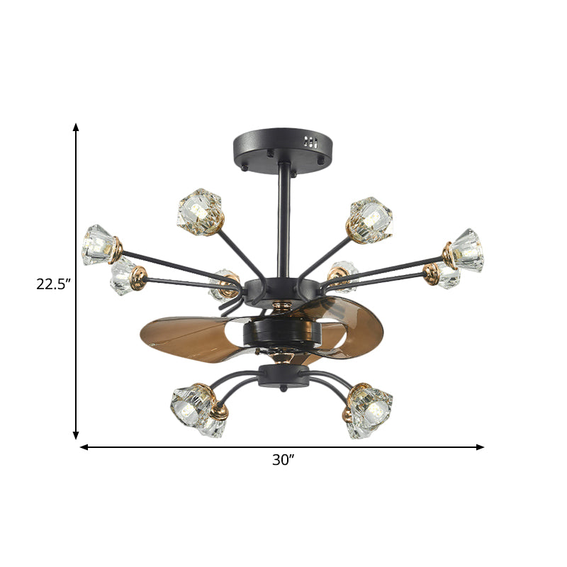 Traditional Swirled Arms Semi-Flush Mount 12 Heads Crystal Floral Shade 3 Blades Hanging Fan Lamp in Black, 30