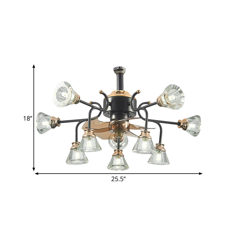 Curved Arms Crystal Bell Shade Semi Flush Traditional 10 Bulbs Living Room 5 Blades Ceiling Fan Light, 25.5