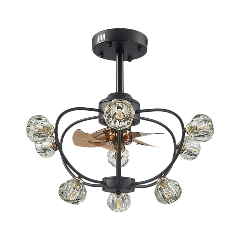9 Bulbs Curved Metal Frame Pendant Fan Light Traditional Black Crystal Orb Shade Semi Flush with 5 Blades, 24.5